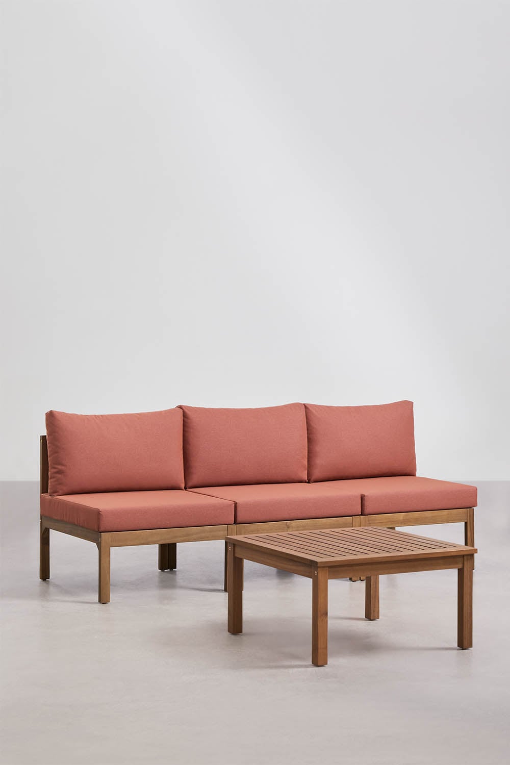 Living room set with 3-piece modular sofa and acacia wood Branson coffee table, gallery image 1