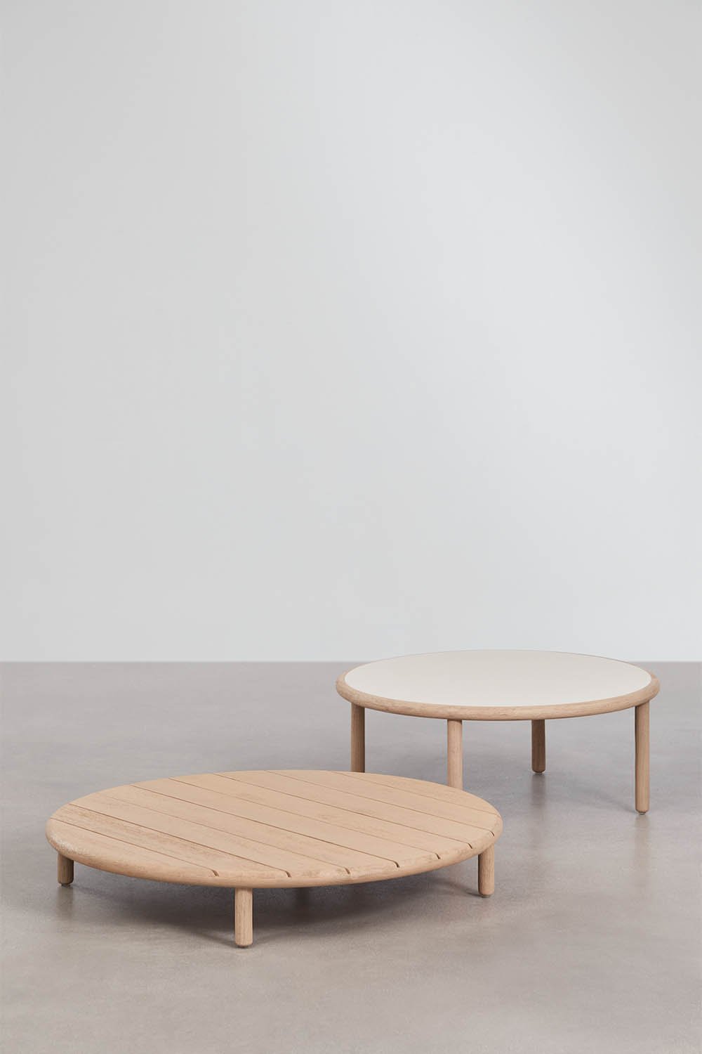 Set of 2 round acacia wood Olivia garden coffee tables, gallery image 1