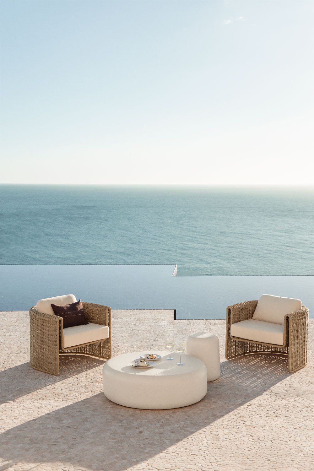 Lina garden set with 2 armchairs in steel and synthetic wicker and 2 Fonelas cement coffee tables, gallery image 1