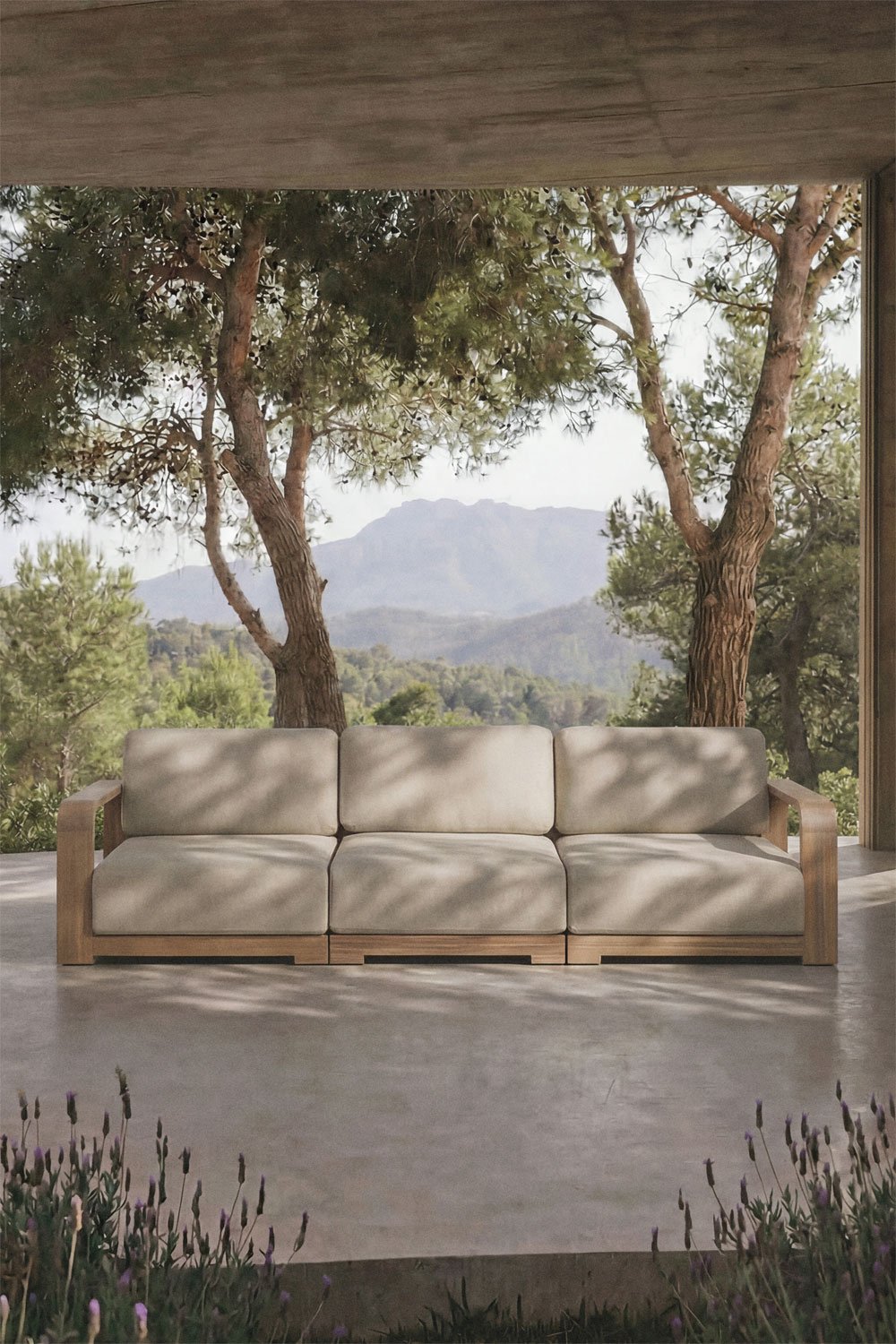 3-piece garden modular sofa with acacia wood armrests Brivori, gallery image 1