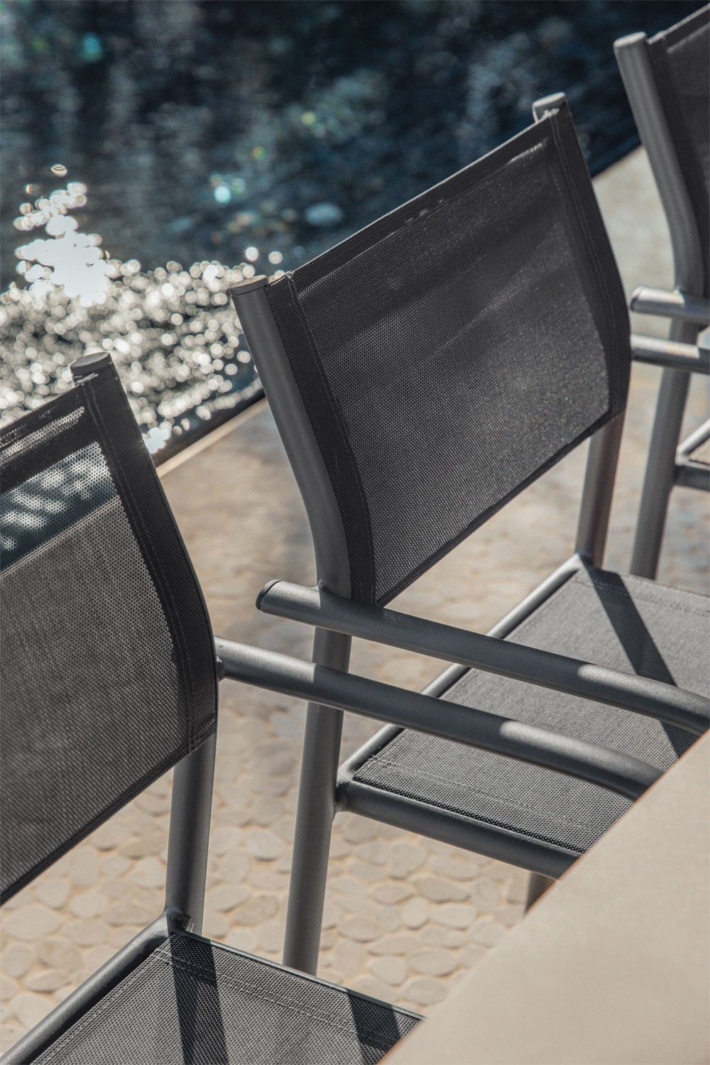 Rectangular 200x95 cm Brinela aluminum table set and 8 stackable Olenia aluminum garden chairs with armrests, gallery image 2