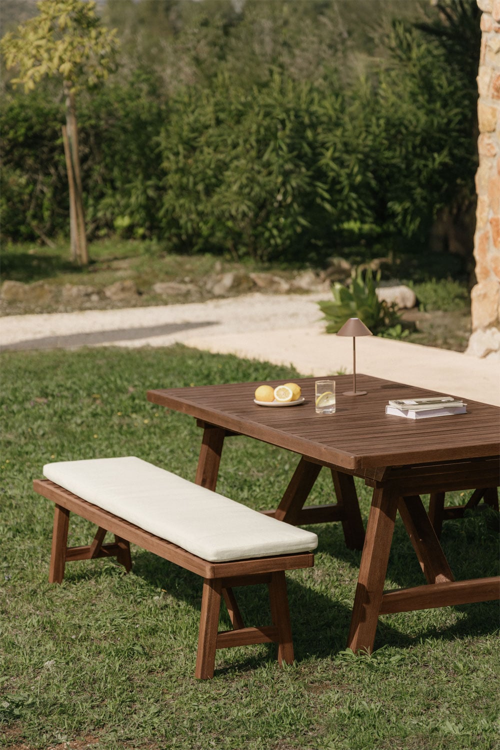 190 cm dark acacia wood garden bench in gardenia white fabric Dubai, gallery image 1