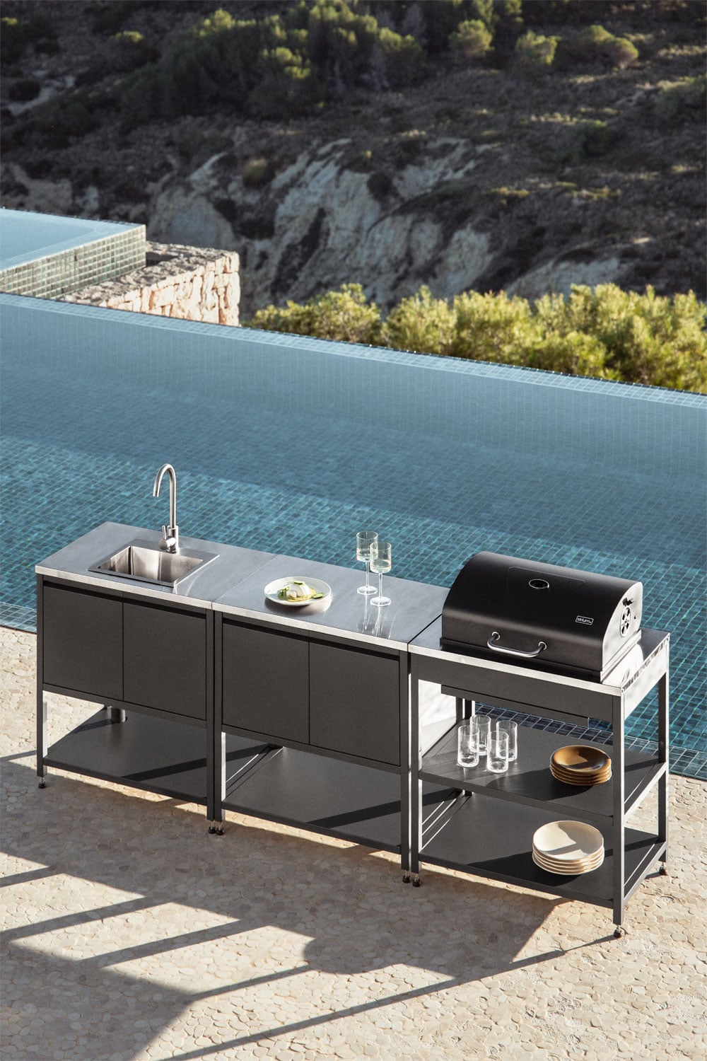 3-piece outdoor modular kitchen with sink, storage, and Savona steel charcoal barbecue, gallery image 2