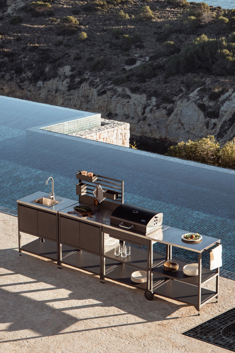 Savona 4-piece outdoor modular kitchen with sink, organizer panel, cart, and steel charcoal barbecue, gallery image 2