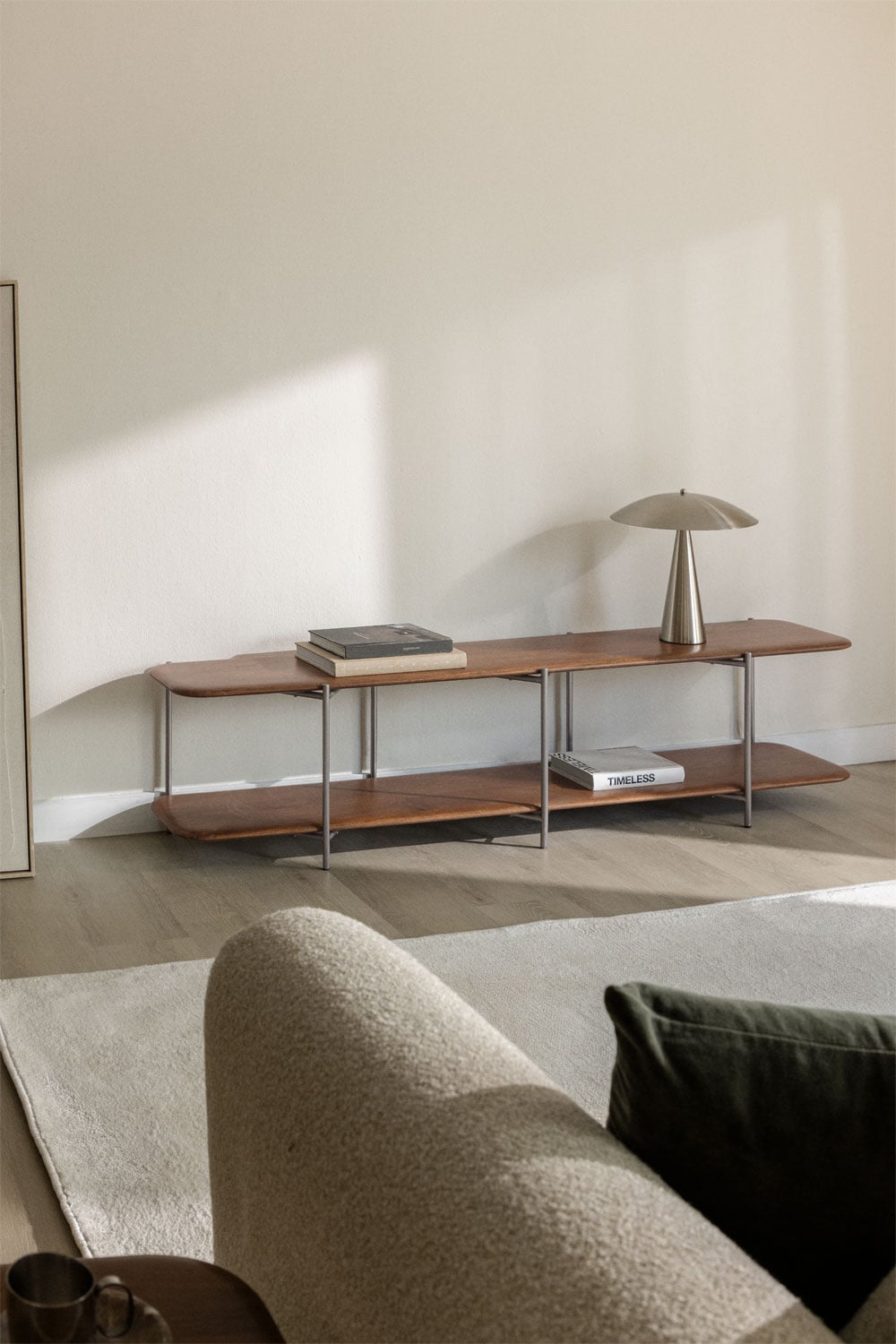 Vimara 180x40 cm TV cabinet in mango wood and stainless steel, gallery image 1
