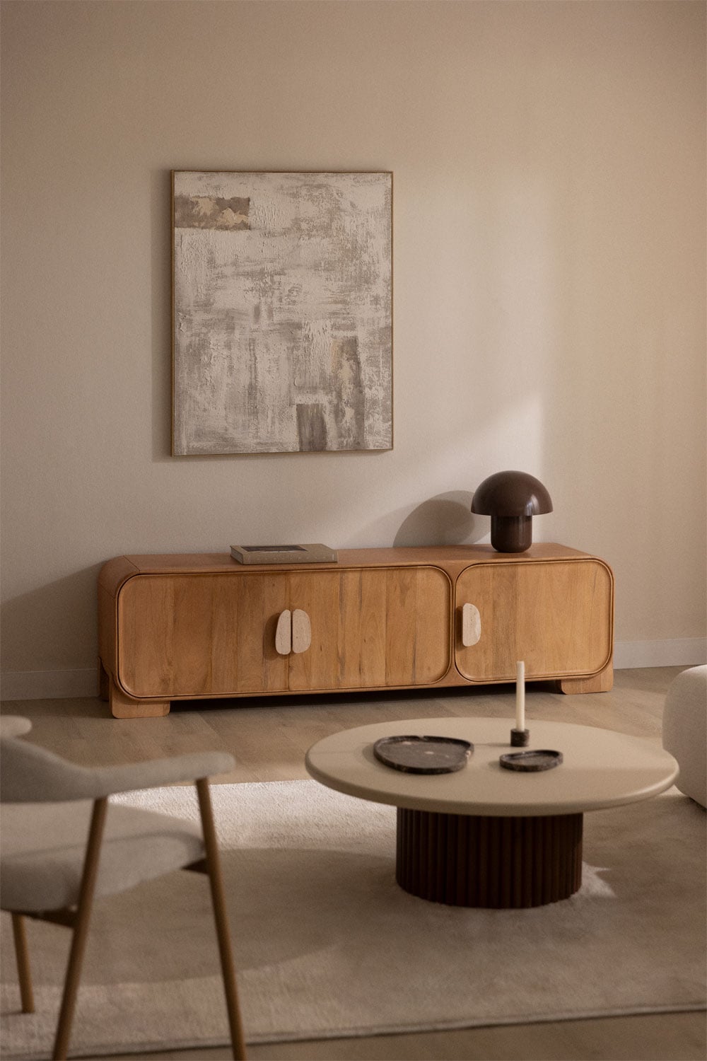 Kivalina TV cabinet in mango wood and travertine, gallery image 1
