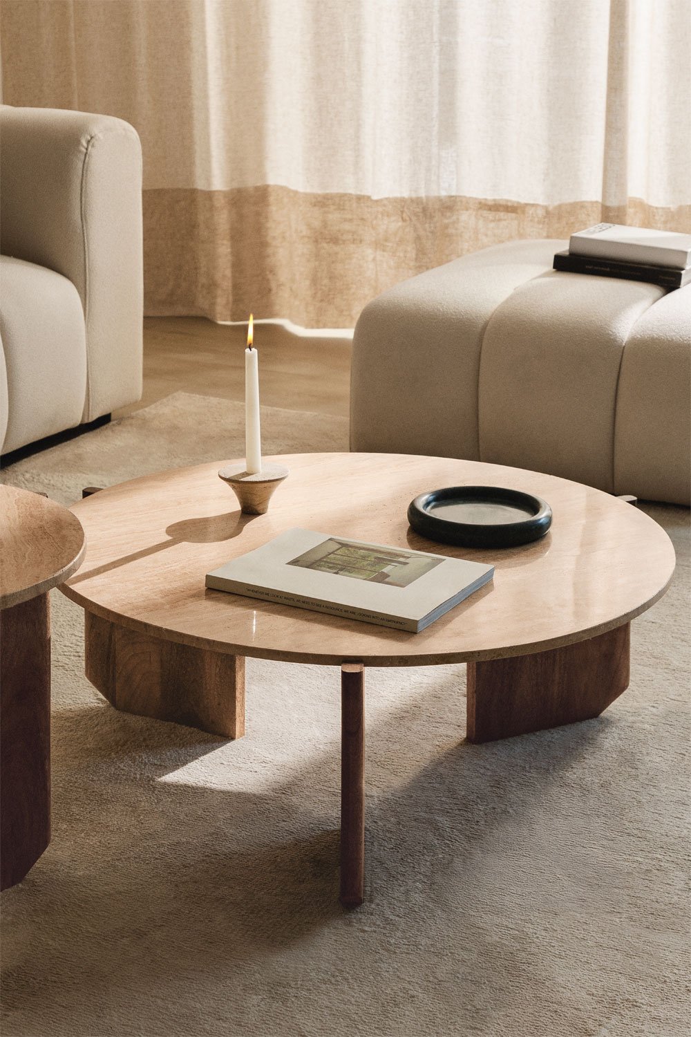 Lavinia round coffee table in natural stone and mango wood, gallery image 1