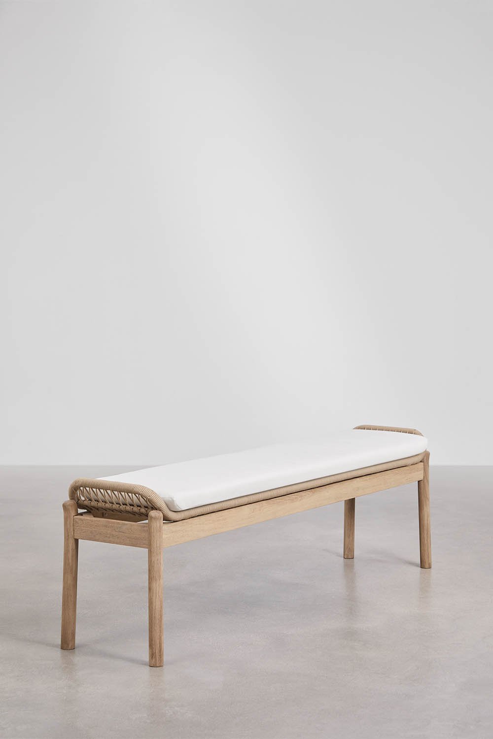 Rectangular table set 180x90 cm and 2 garden benches in acacia wood and braided rope Karvia, gallery image 7