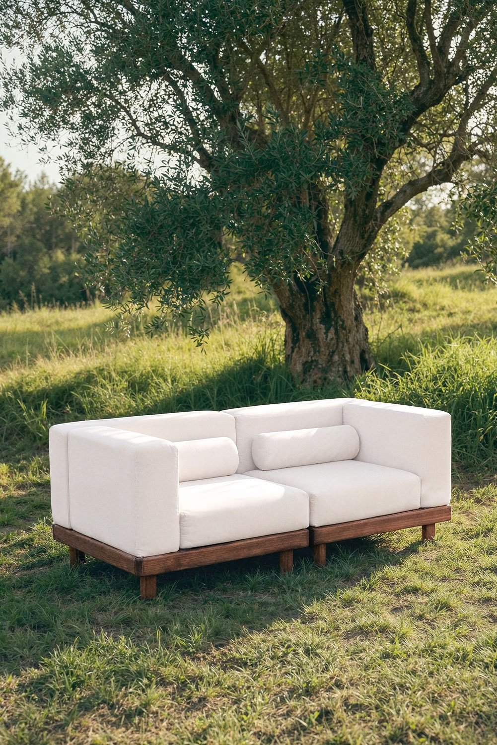 2-piece garden modular sofa with 2 corner modules in acacia Edrien, gallery image 1