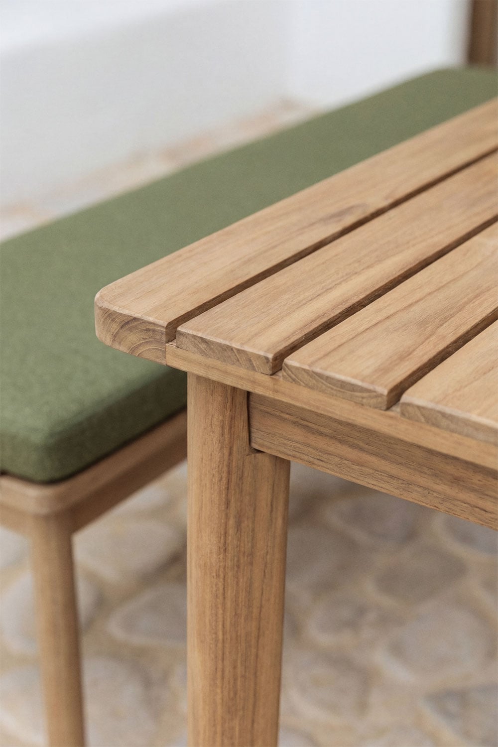 Rectangular table set 180x90 cm and 2 garden benches in acacia wood Kaela, gallery image 2