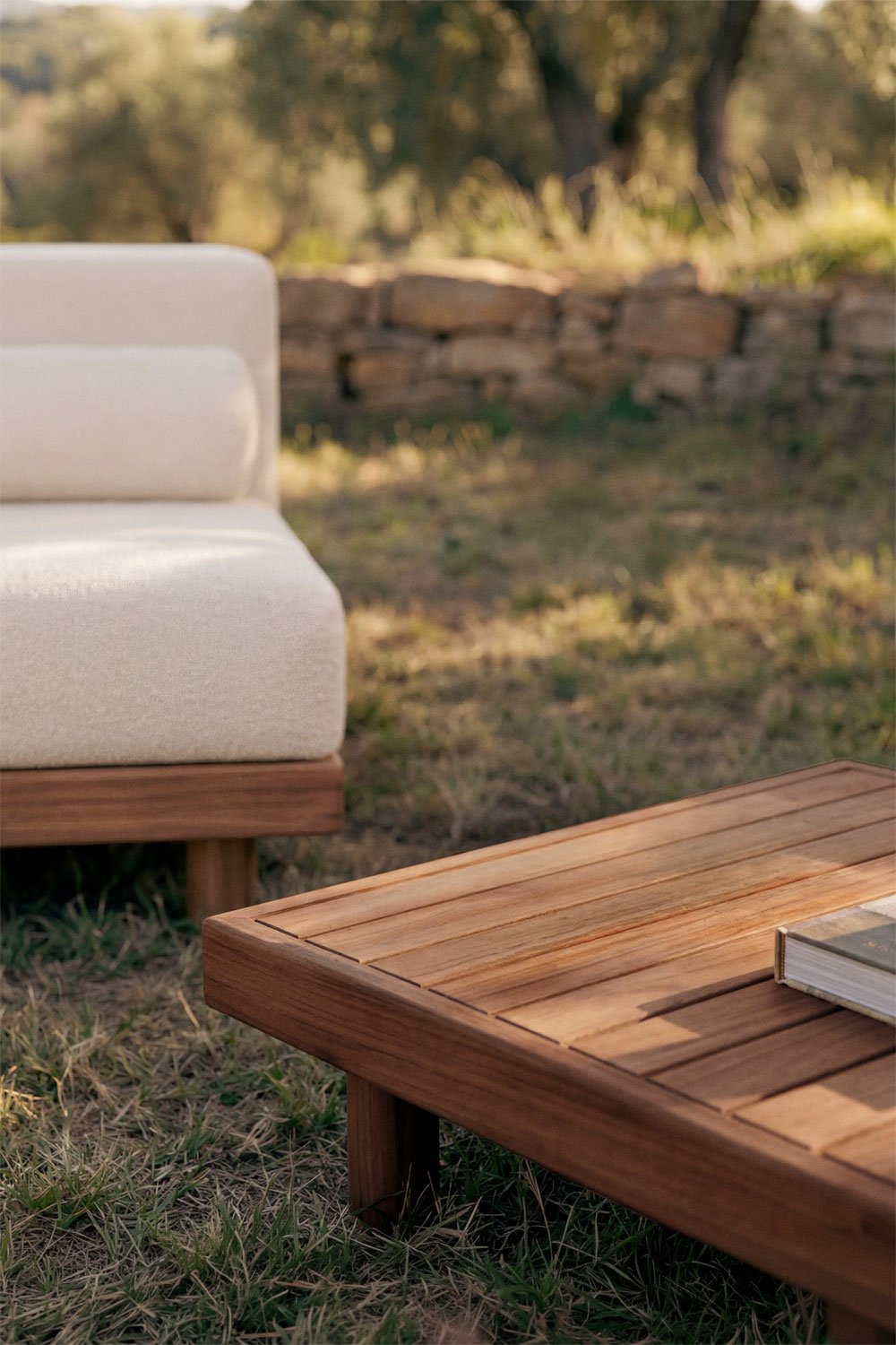 Garden set with 2-piece modular sofa including 2 corner modules, armchair, and coffee table in acacia Edrien, gallery image 2