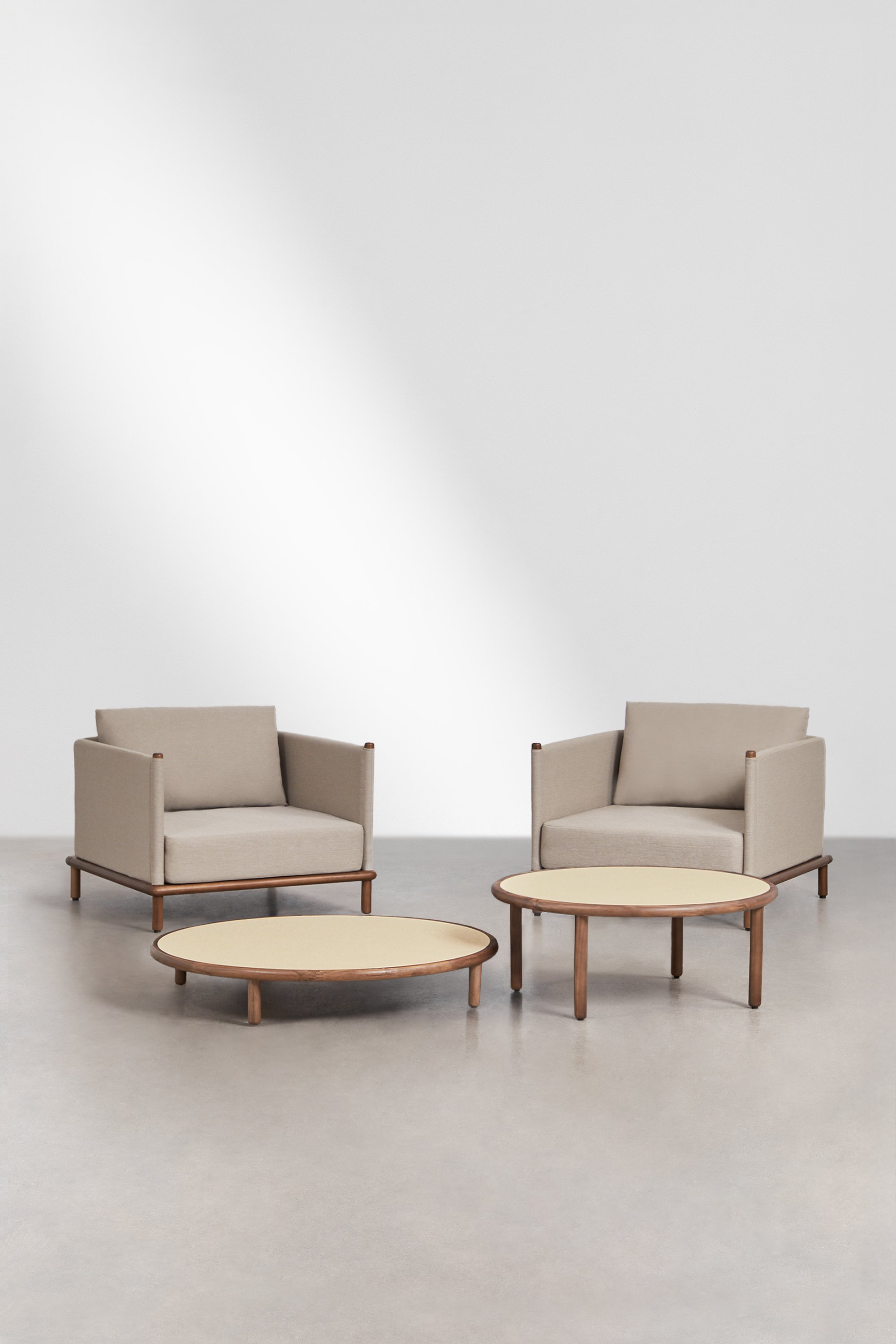 Olivia garden set with 2 armchairs and 2 round acacia wood coffee tables, gallery image 2