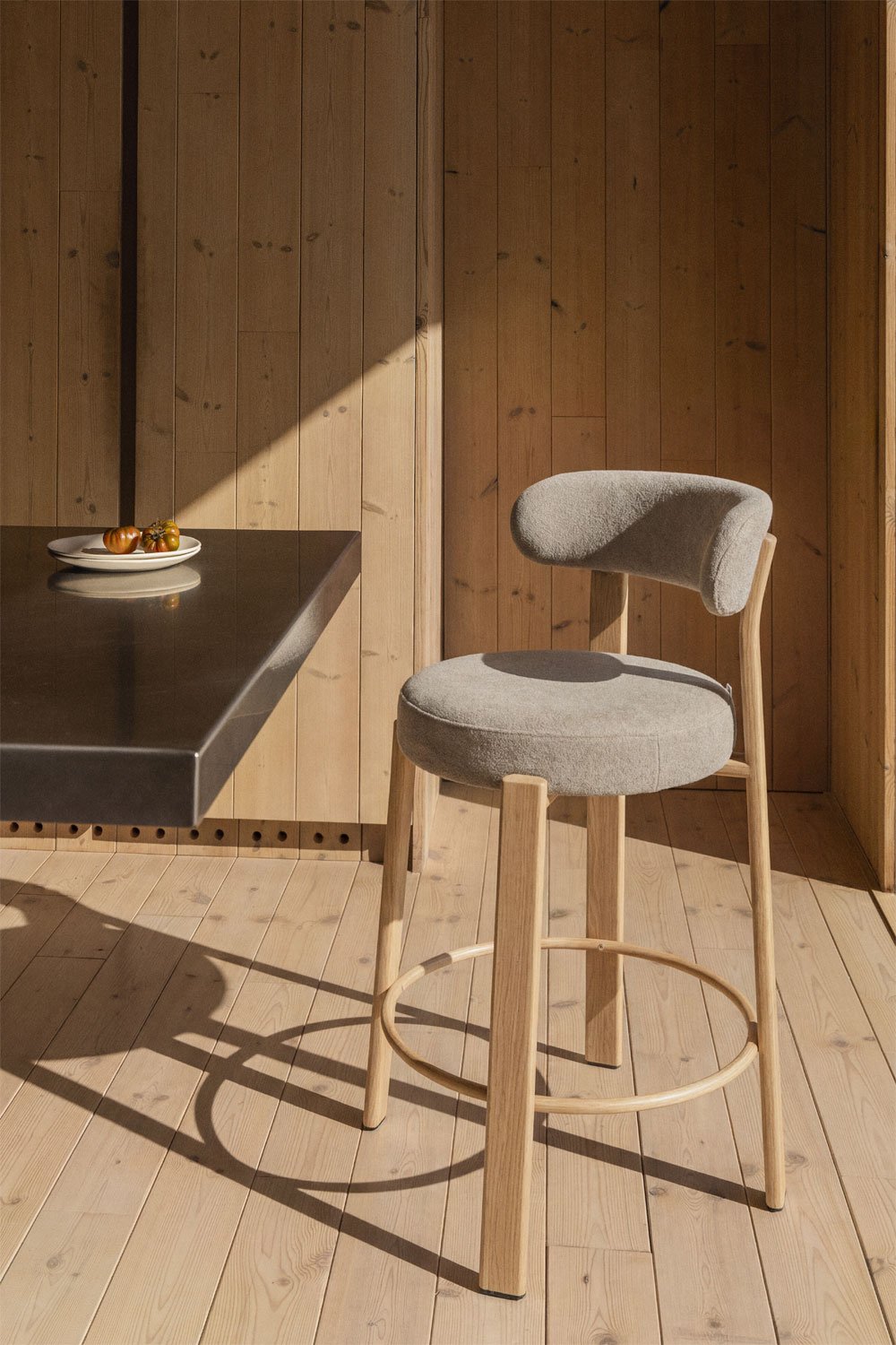 High stool with backrest in chenille fabric and iron Jolie, gallery image 1