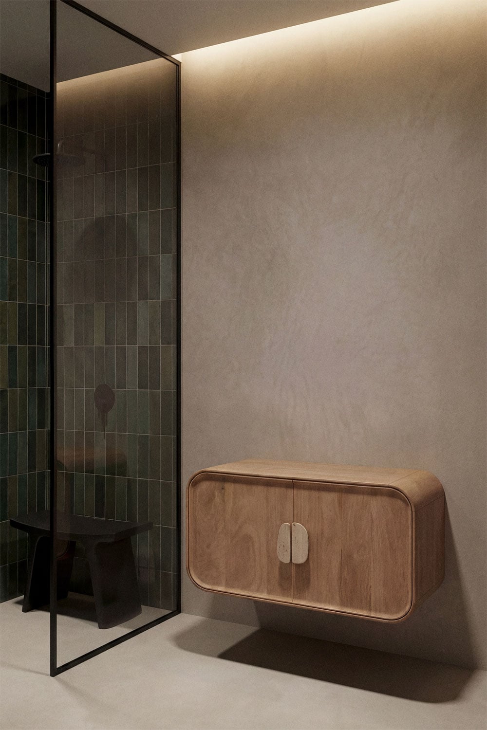 Suspended bathroom furniture set 95x45 cm in mango wood and Kivalina natural stone, gallery image 1