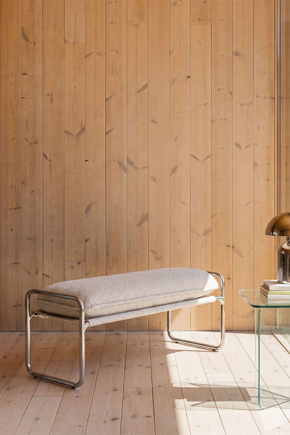 Bench 110 cm upholstered in bouclé natural colours Matilda, gallery image 1