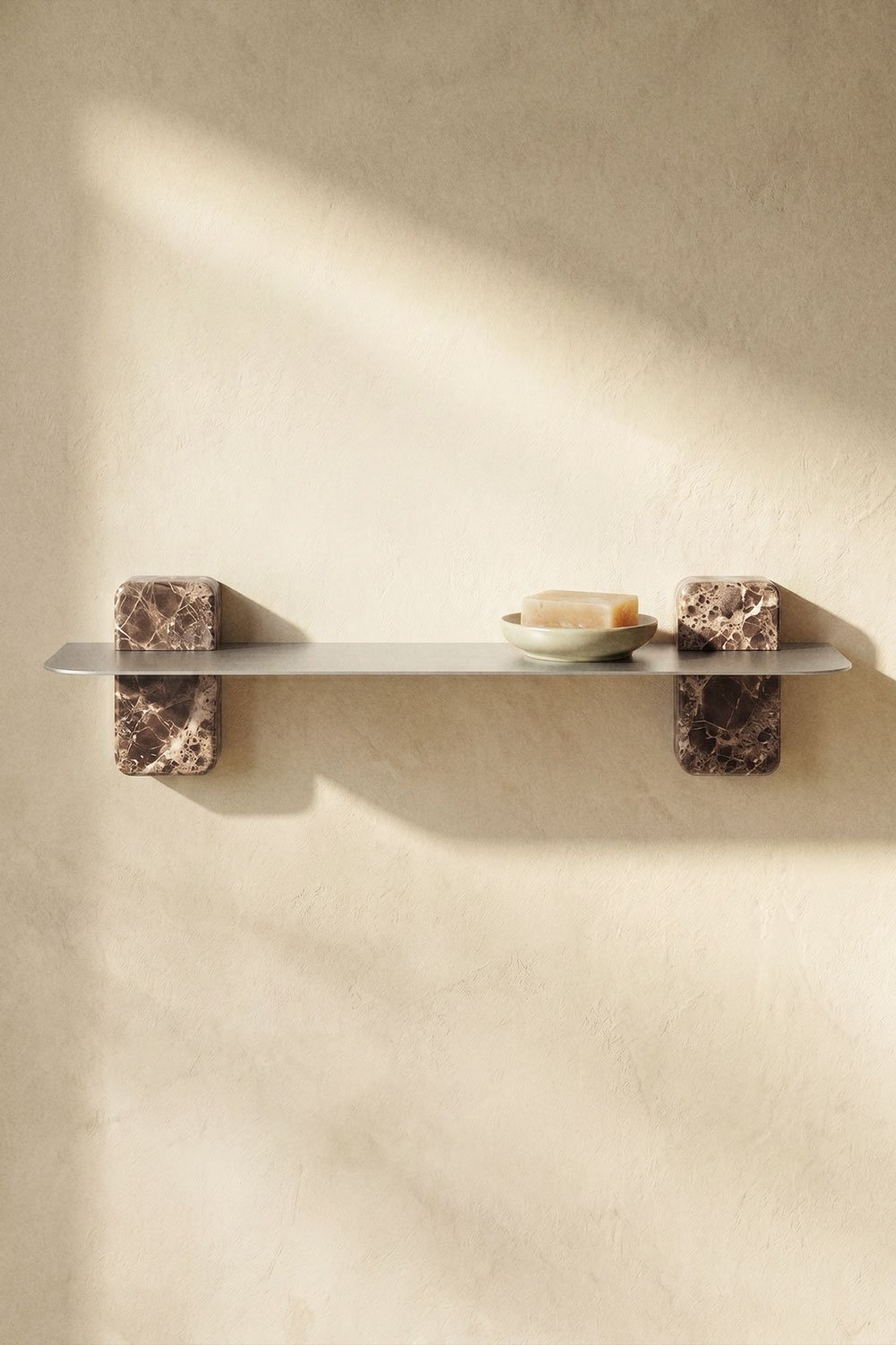Wall-mounted bathroom shelf in stainless steel and emperador brown marble 80 cm Serbian, gallery image 1