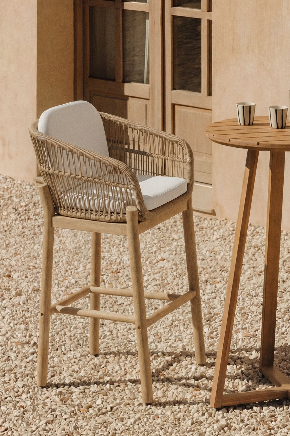 Karvia high garden stool in acacia wood and braided rope, gallery image 1