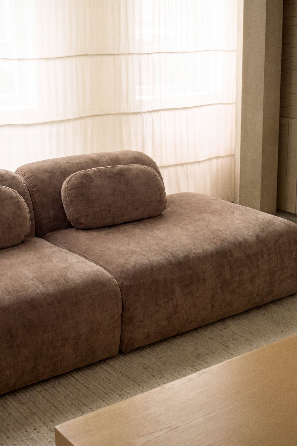 4-piece modular corner sofa with double chaise longue in vacuum-packed chenille Merida, gallery image 2