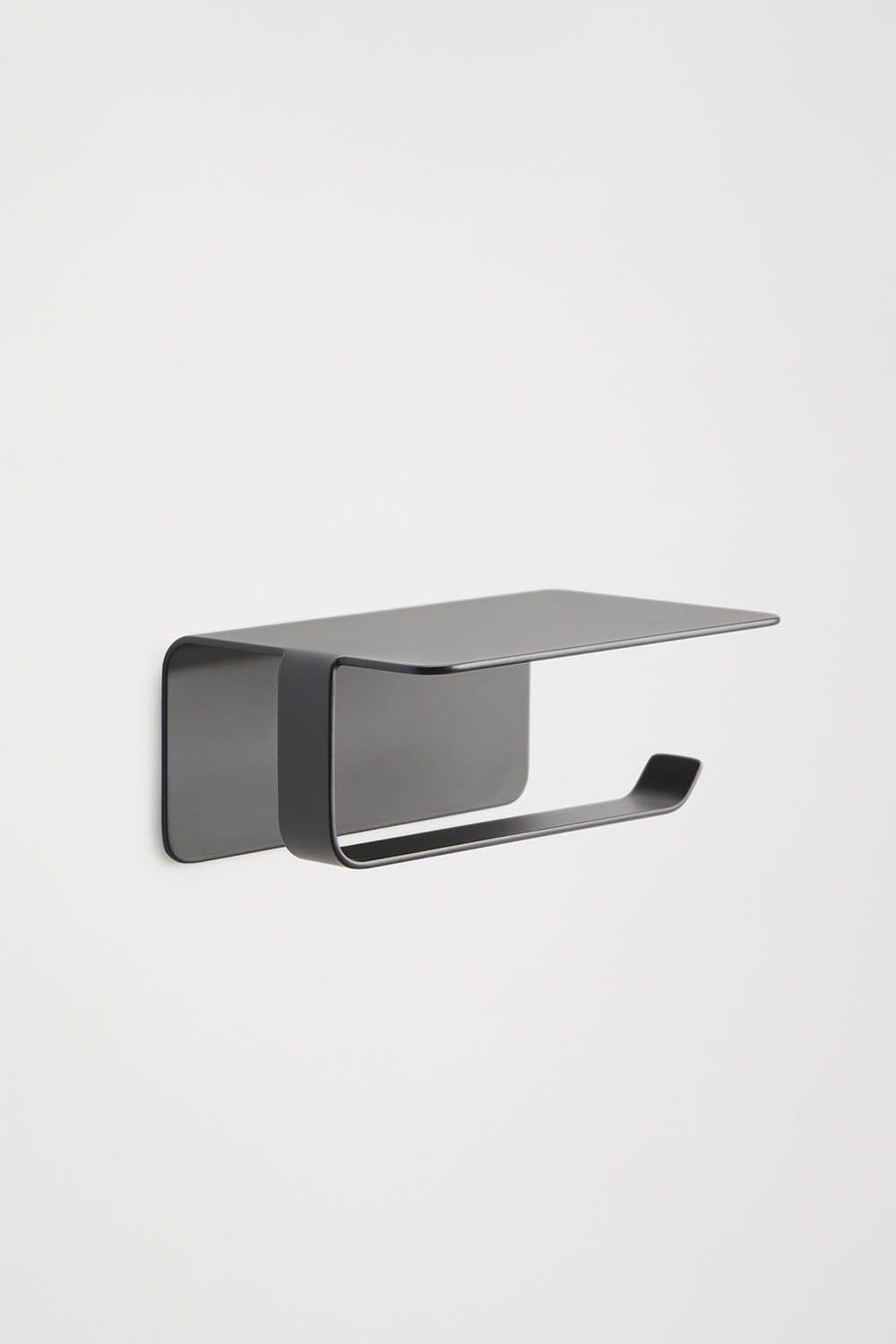 Adhesive toilet paper holder with shelf for bathroom in matte black stainless steel Ondreli, gallery image 3