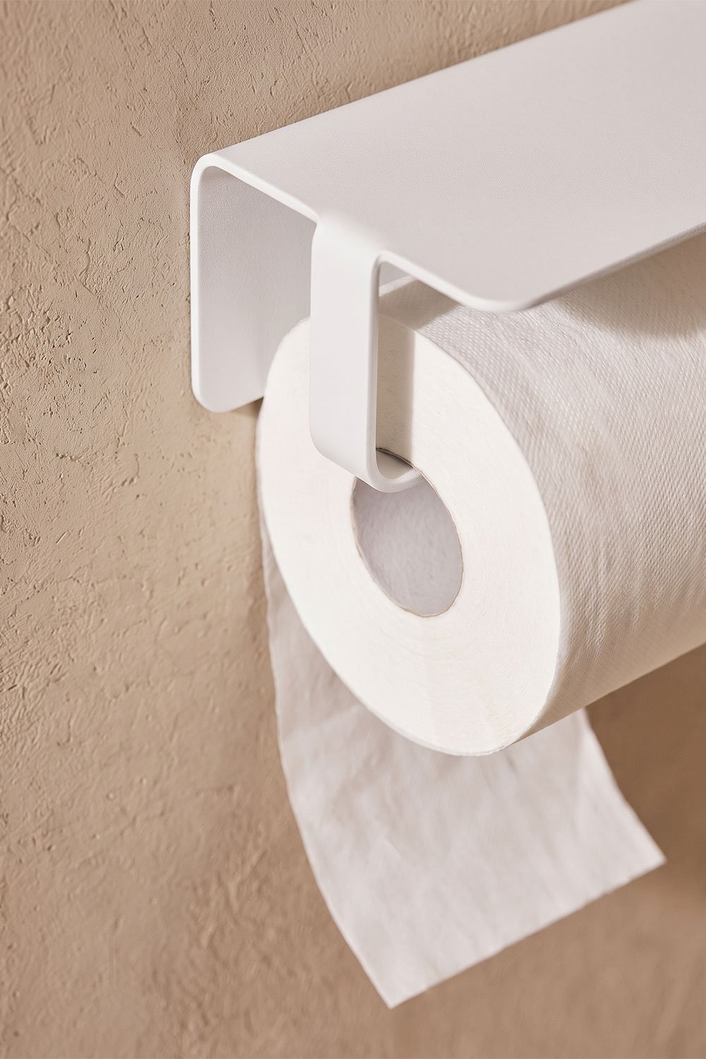 Adhesive toilet paper holder with shelf for bathroom in white stainless steel Ondreli, gallery image 2