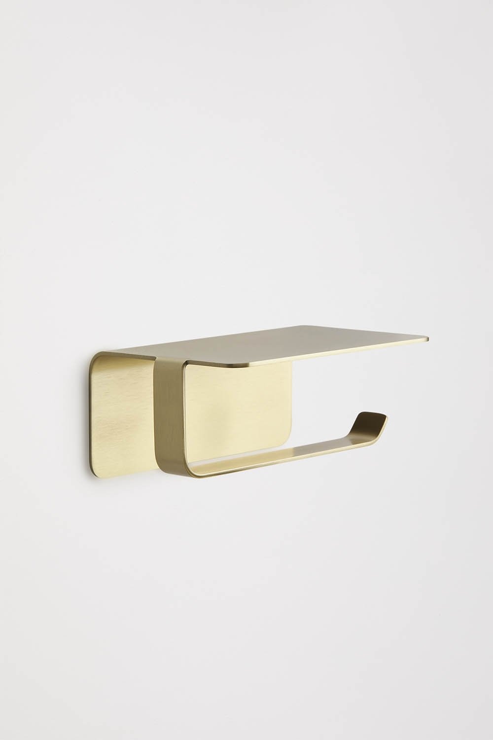 Adhesive toilet paper holder with shelf for bathroom in brushed gold stainless steel Ondreli, gallery image 3