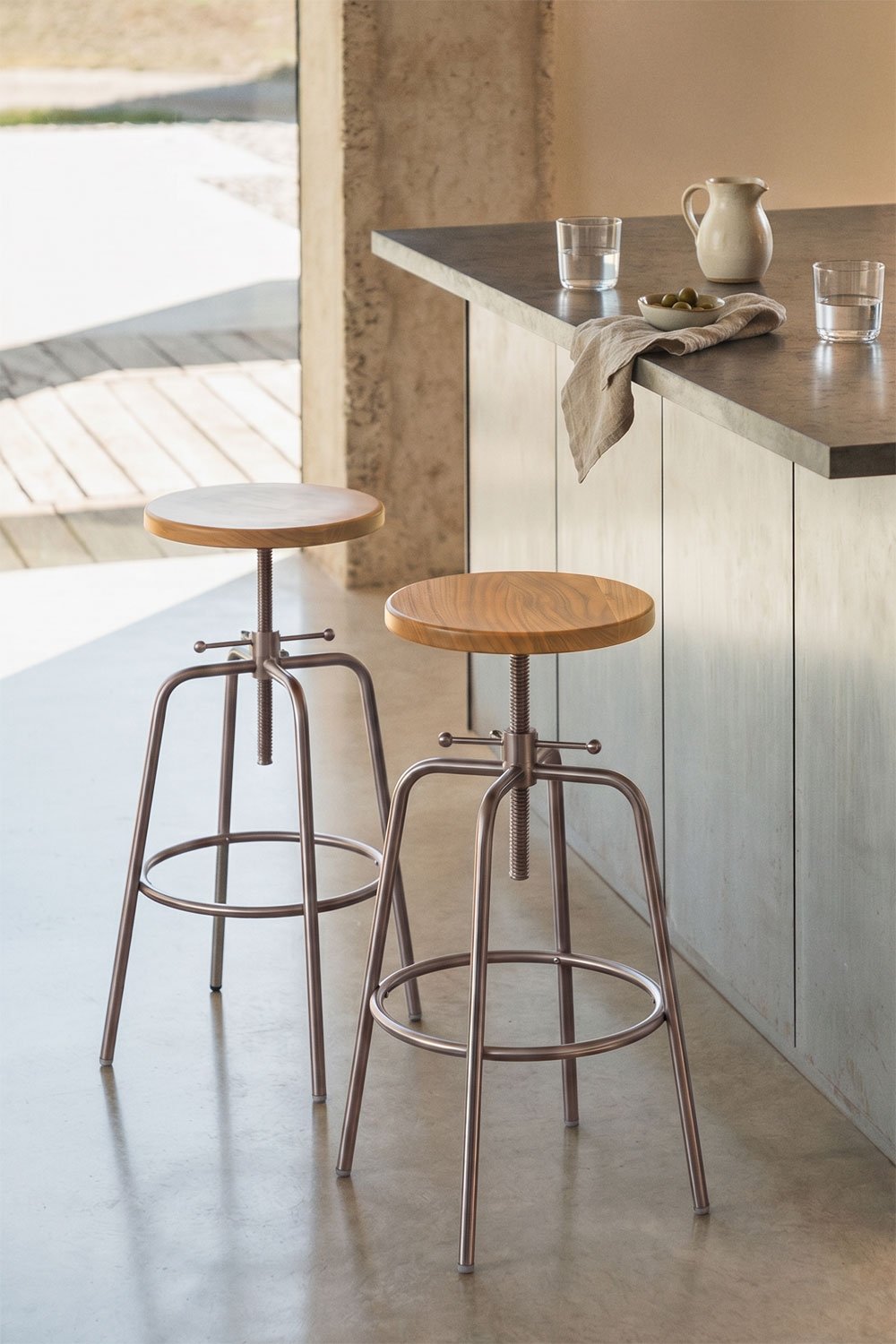 Adjustable high stool in stainless steel and wood Bangalore, gallery image 1