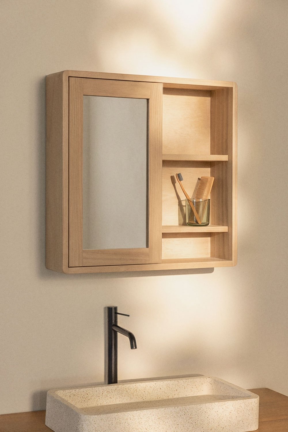 Square 60x60 cm wall cabinet for bathroom in teak wood with rectangular mirror Ian, gallery image 1