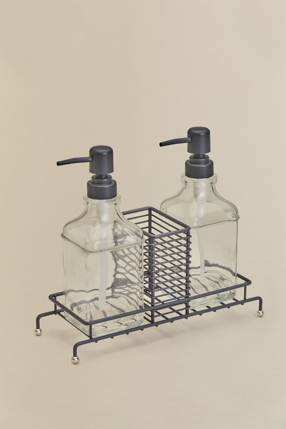 Darcei double kitchen soap dispenser in iron and glass, gallery image 3