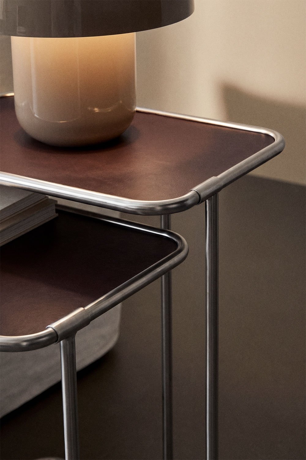 Rectangular nesting side tables in leather and stainless steel Dravena, gallery image 2