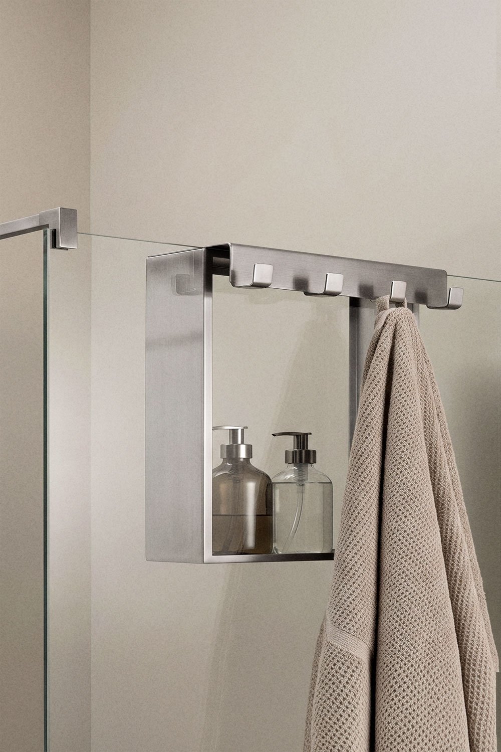 Hanging shower screen shelf in brushed grey stainless steel Elaria, gallery image 1