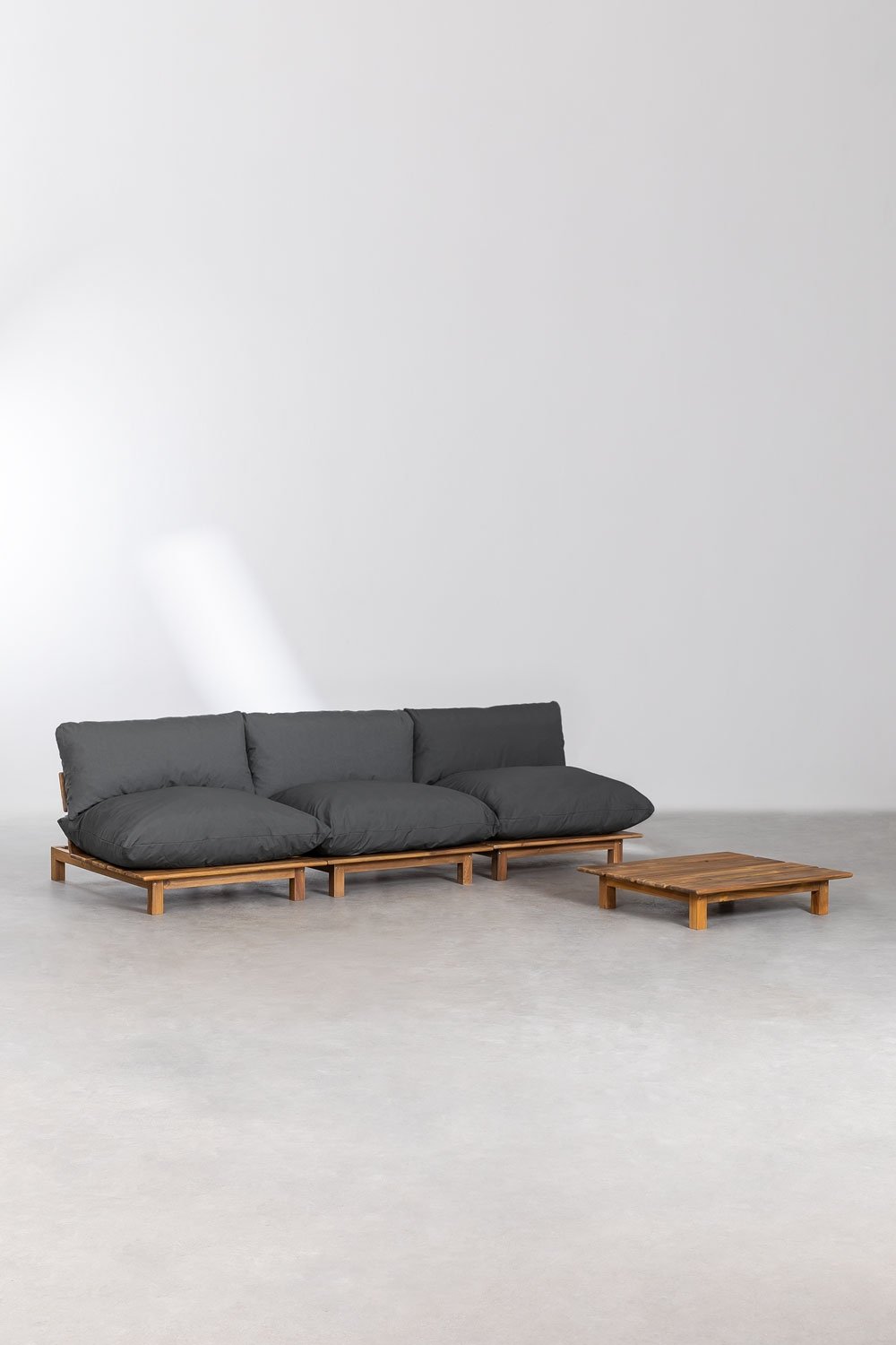 Brina acacia wood 3-piece reclining modular sofa garden set with coffee table, gallery image 3