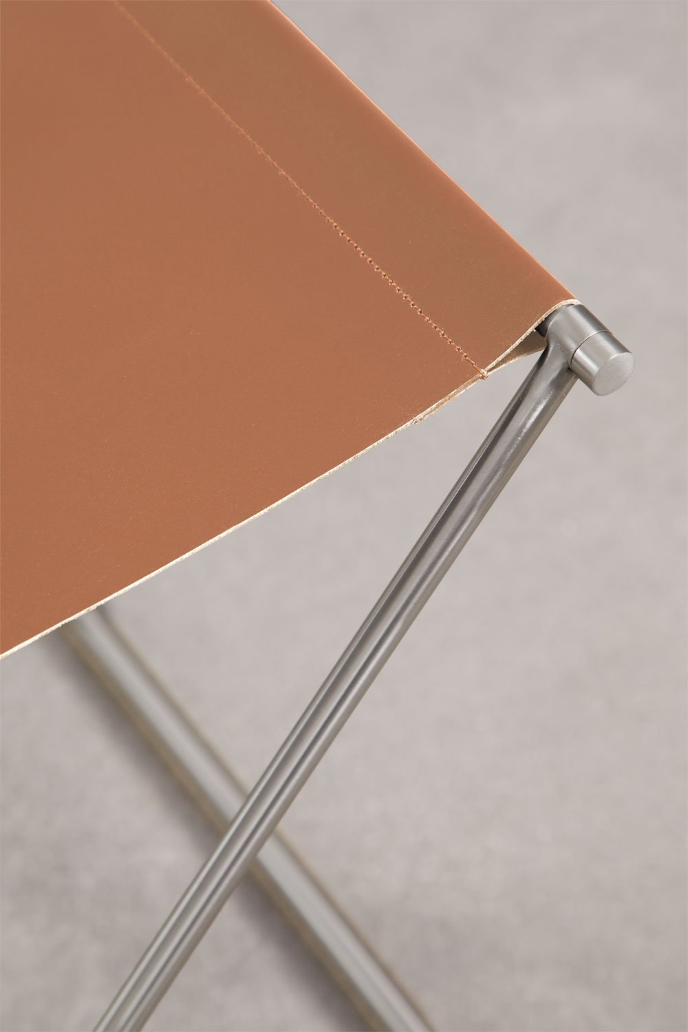 Dravena 50 cm low folding stool in leather and stainless steel, gallery image 5