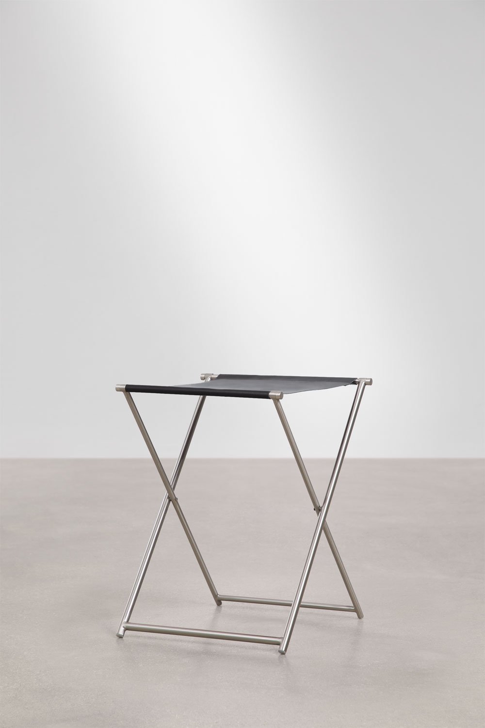 Dravena 50 cm low folding stool in leather and stainless steel, gallery image 4