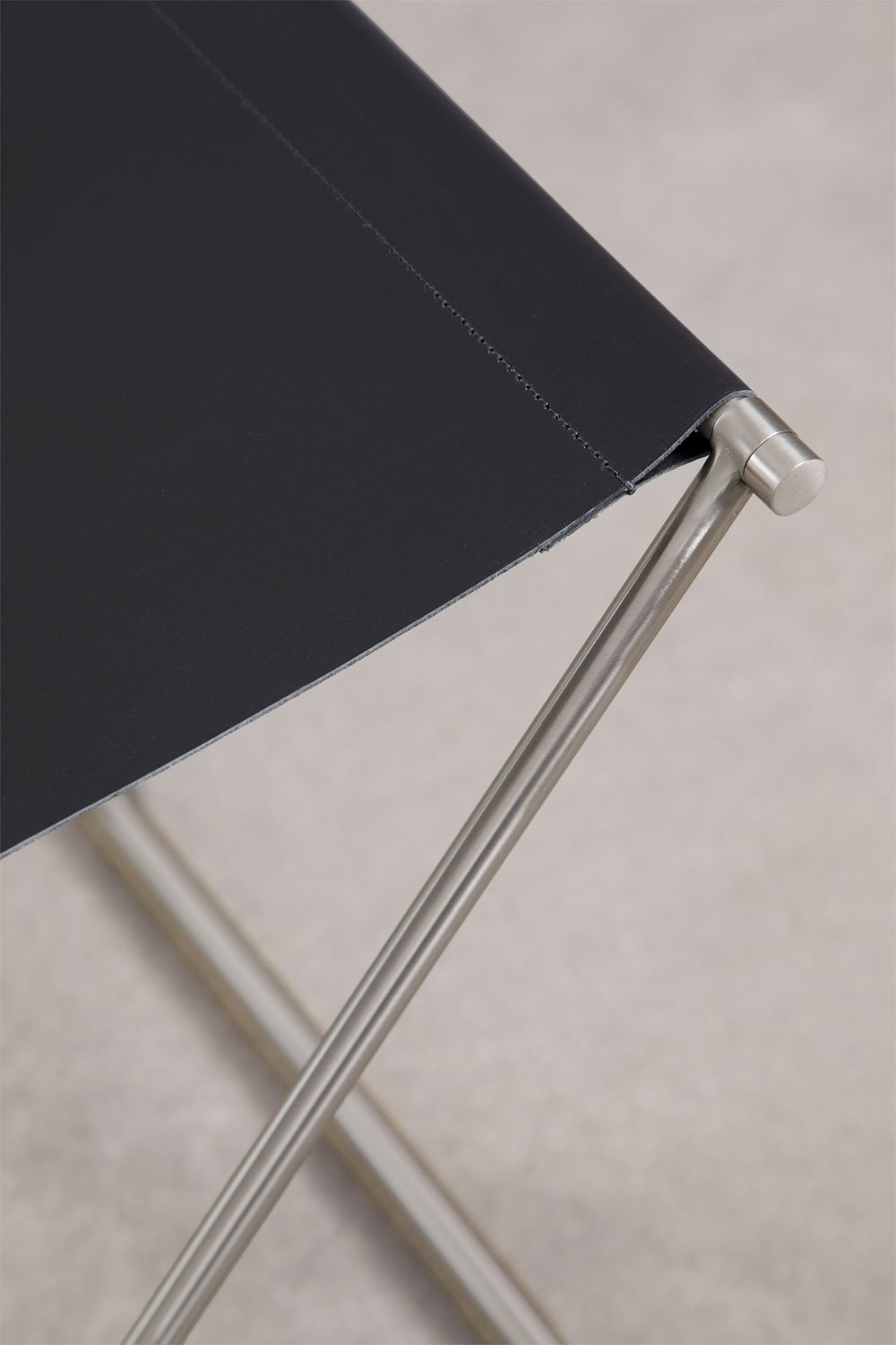Dravena 50 cm low folding stool in leather and stainless steel, gallery image 5
