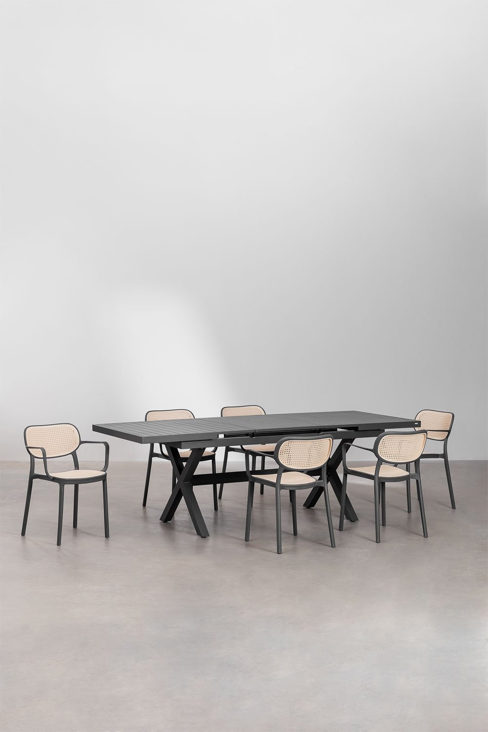 Karena extendable rectangular dining table 180-240x90 cm and 6 stackable Omara dining chairs with armrests, gallery image 1