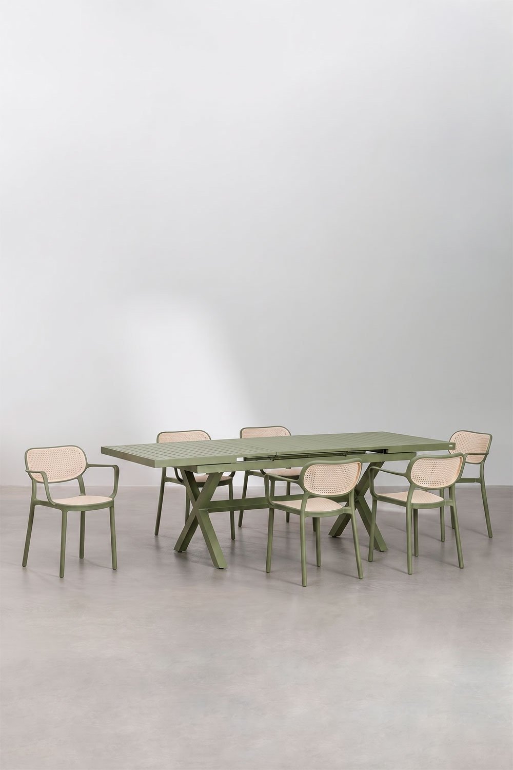 Karena extendable rectangular dining table 180-240x90 cm and 6 stackable Omara dining chairs with armrests, gallery image 1