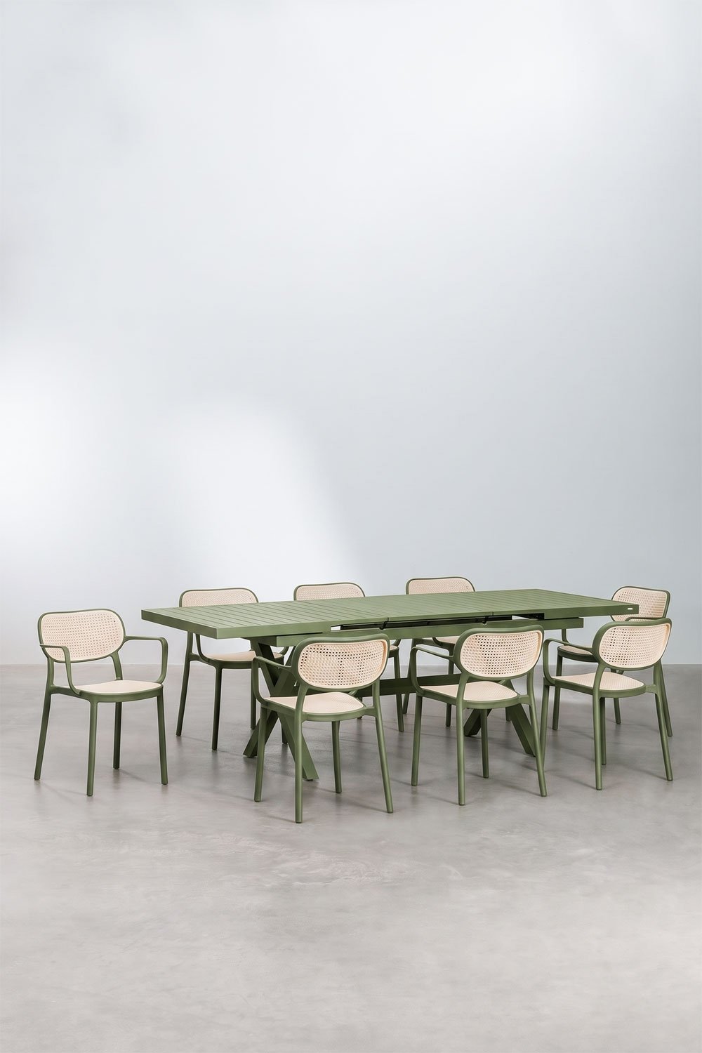 Rectangular table set 180-240x90 cm extendable in aluminum Karena and 8 stackable garden chairs with armrests Omara, gallery image 1