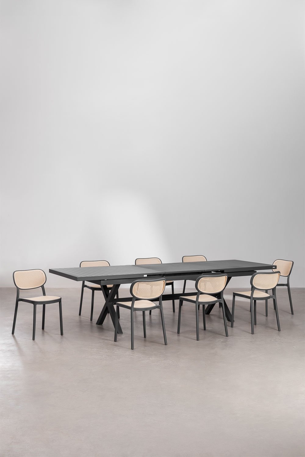 Rectangular table set 240-300x100 cm extendable in aluminum Karena and 8 stackable dining chairs in polypropylene Omara, gallery image 1