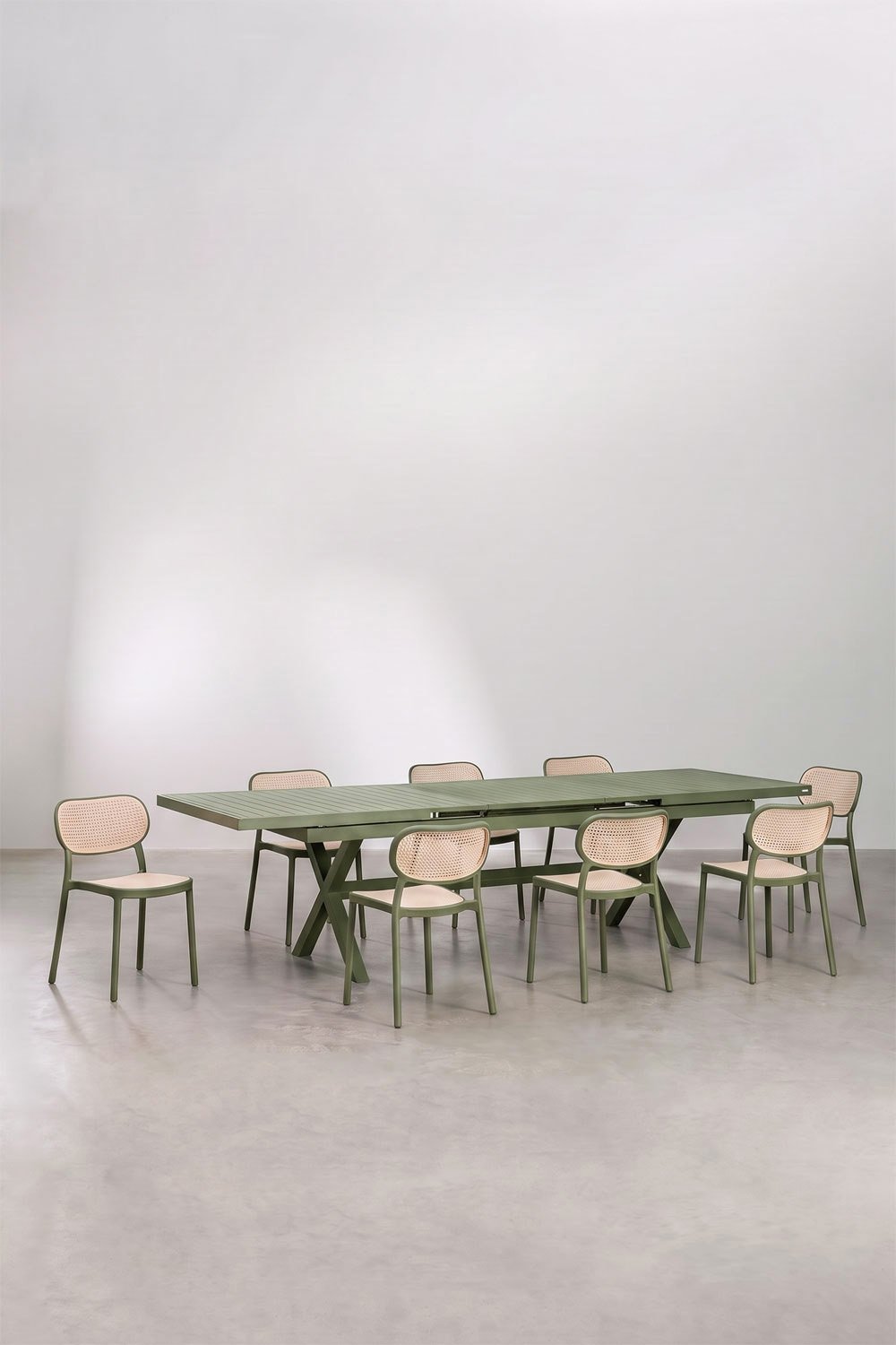 Rectangular table set 240-300x100 cm extendable in aluminum Karena and 8 stackable dining chairs in polypropylene Omara, gallery image 1