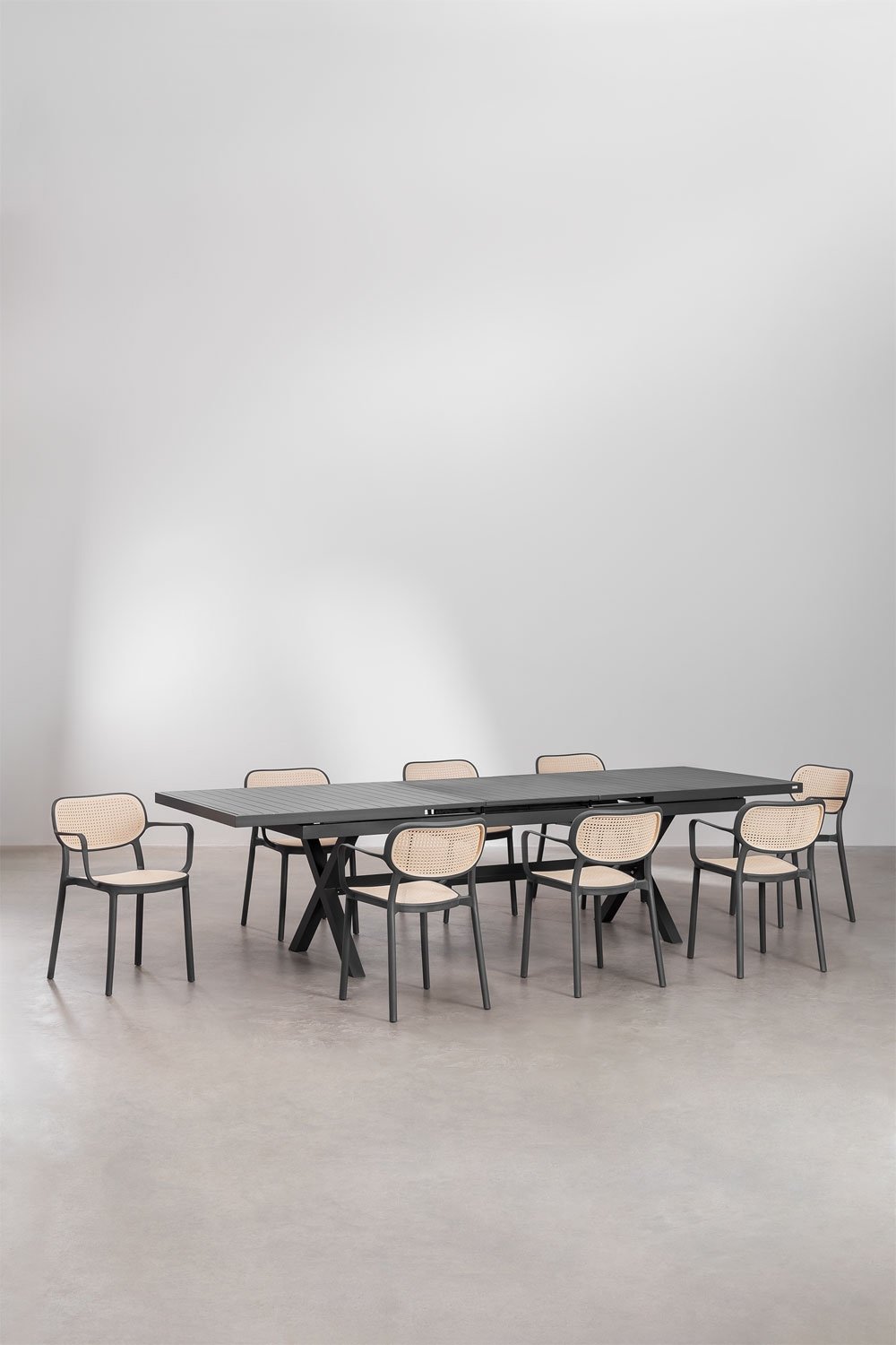 Karena extendable rectangular dining table set 240-300x100 cm and 8 stackable Omara dining chairs with armrests, gallery image 1