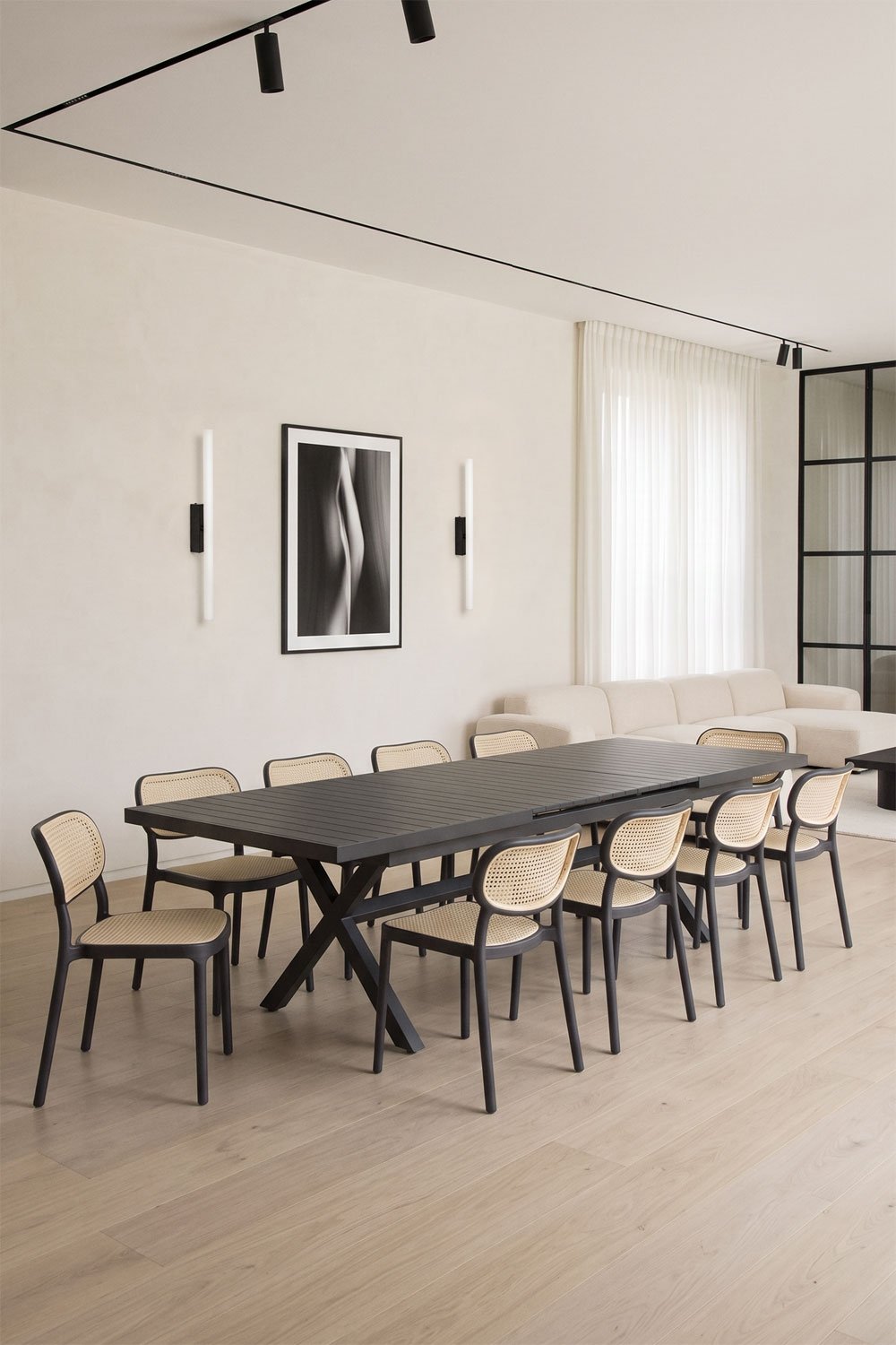 Rectangular extendable table set 240-300x100 cm in aluminum Karena and 10 stackable dining chairs in polypropylene Omara, gallery image 1