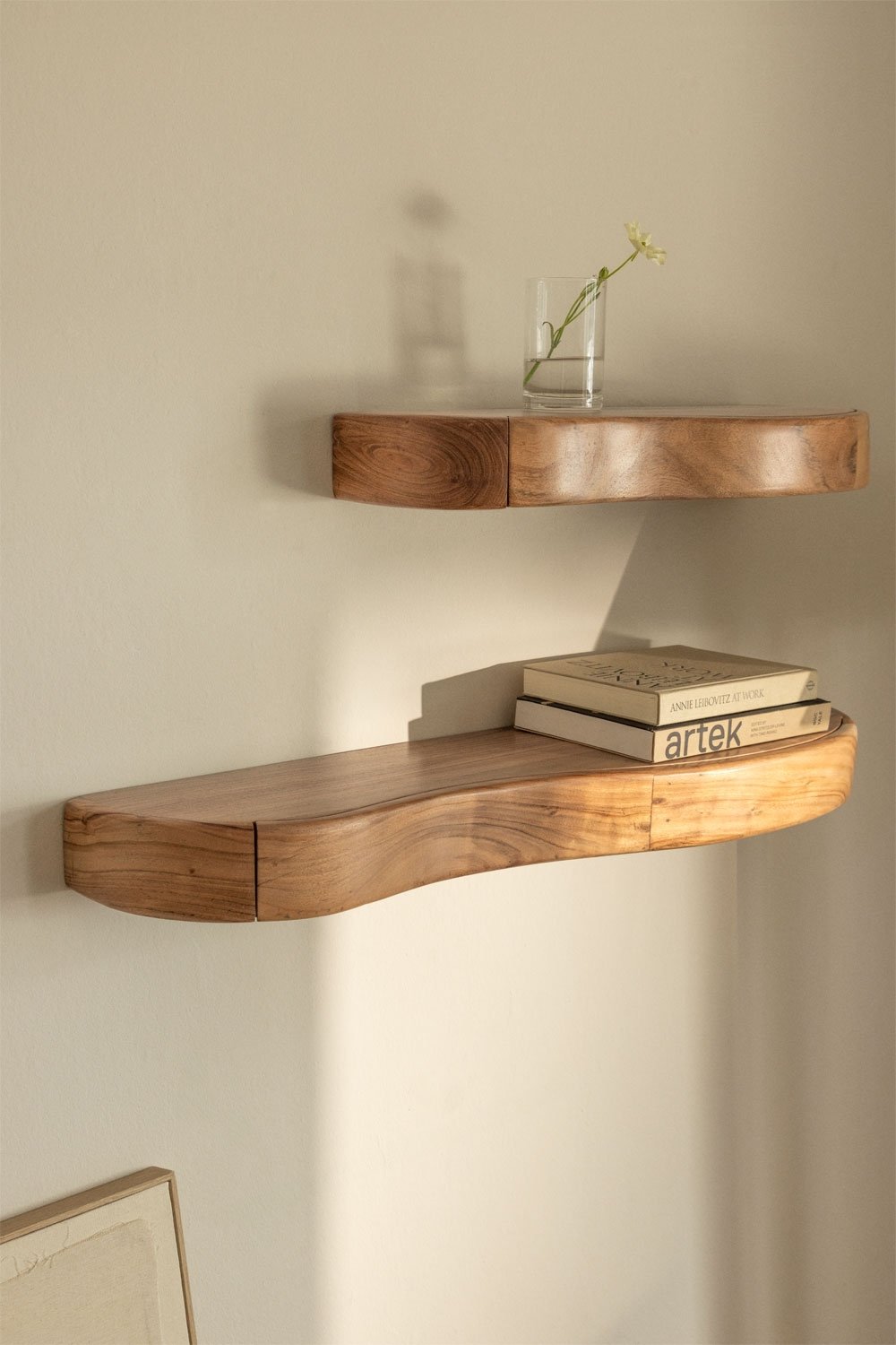 Nireimi acacia wood wall shelf with storage, gallery image 1
