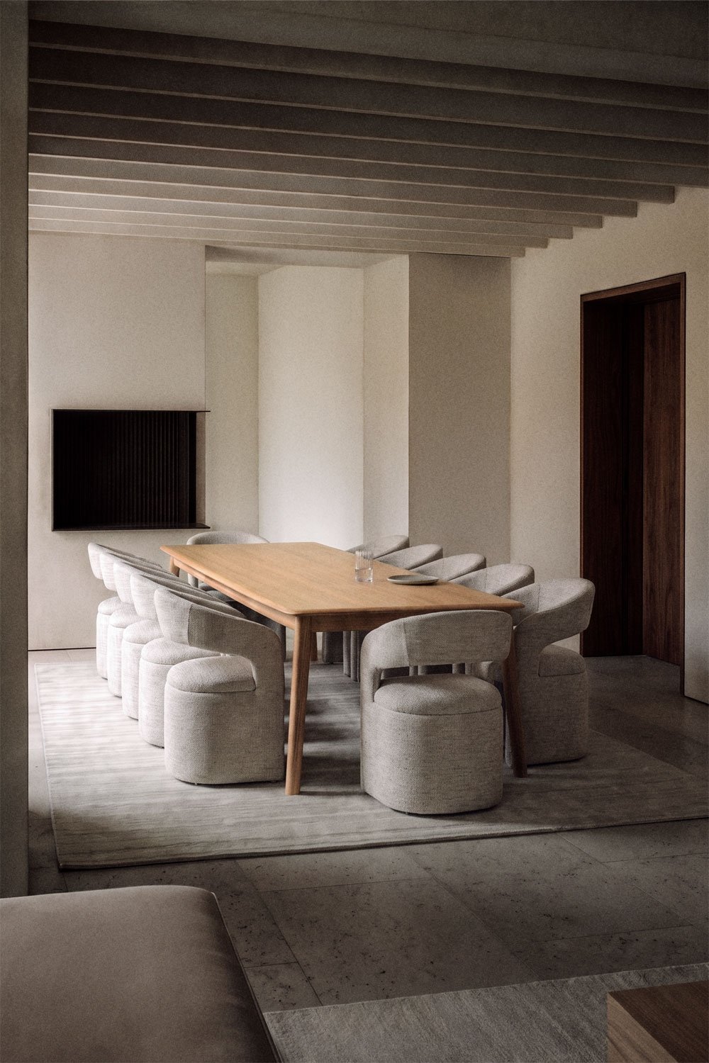 Extendable 220-320x95 cm oak table Treveris and 12 dining chairs with armrests in bouclé fabric Jules, gallery image 1