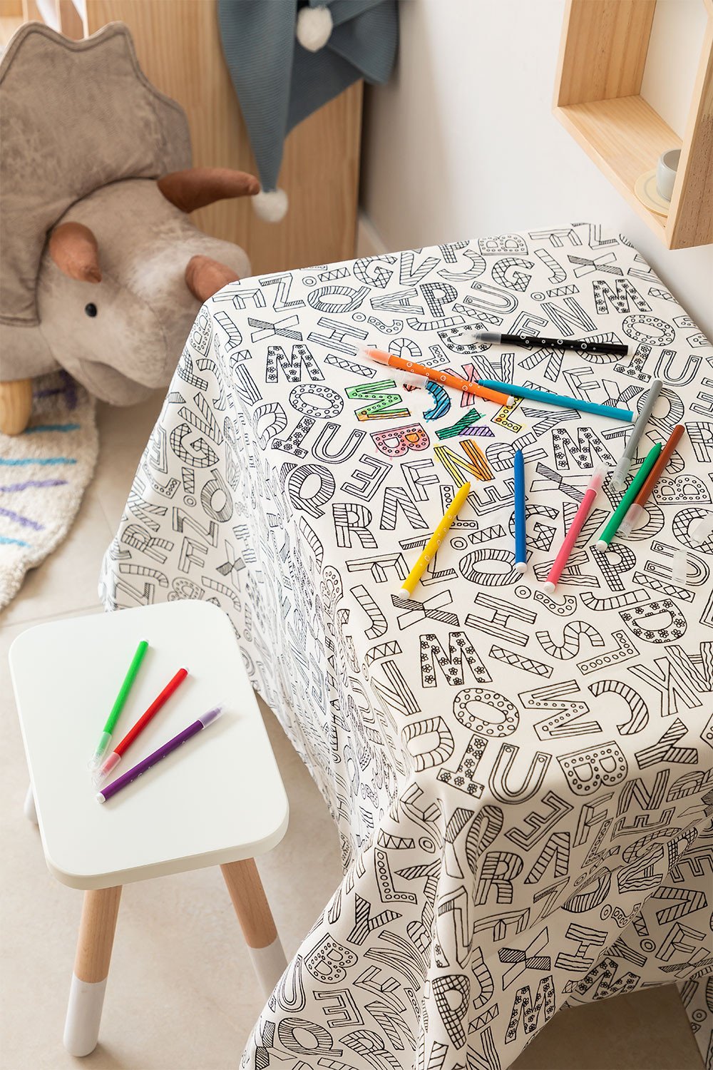 Washable Tablecloth (100 x 150 cm) with Pack of 12 Colouring Felt Tip Pens Letters Kids, gallery image 1