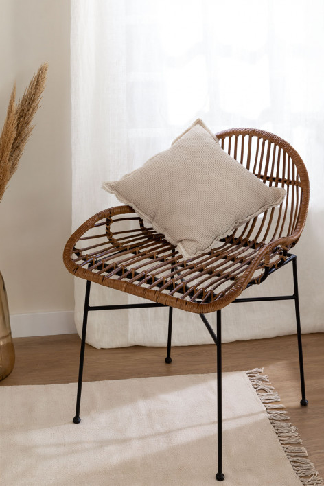 Sedia Da Pranzo In Rattan E Pelle, Con Struttura In Metallo, Seduta Imbottita, Design Moderno