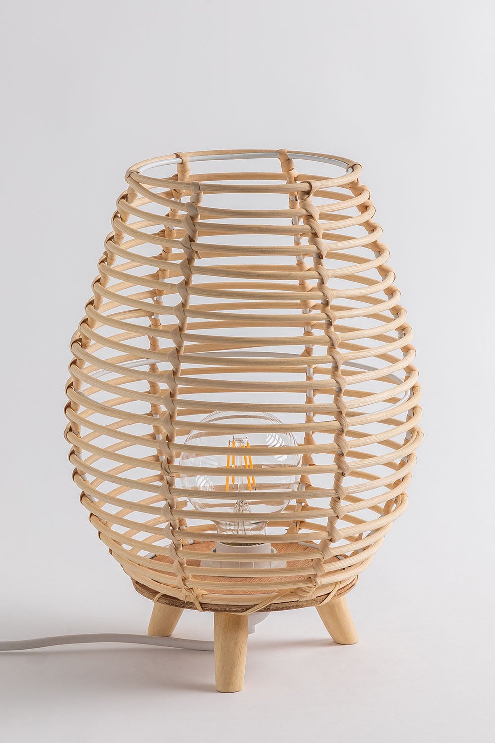 Lampada Da Tavolo Cestino Onli 4887/L – Shabby Chic Con Paralume In Rattan E Base Legno