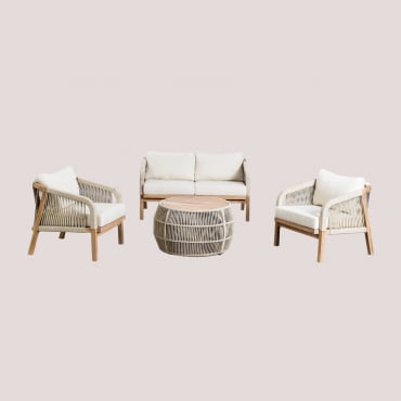 Set Da Giardino Con Divano 2 Posti, Due Poltrone E Tavolino In Legno Di Acacia E Corda Intrecciata Dubai Gardenia Bianco & Acacia Rustica Marrone -
