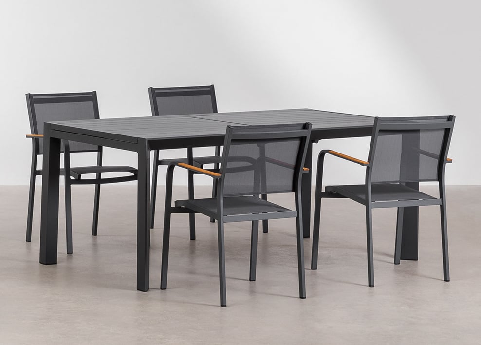 Set da tavolo rettangolare allungabile 180-240x100 cm Starmi e 4 sedie da giardino impilabili in alluminio Archer