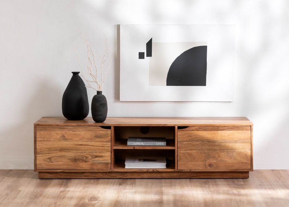 Mobile TV 160x40 cm con ripiano in legno di acacia Tasmani