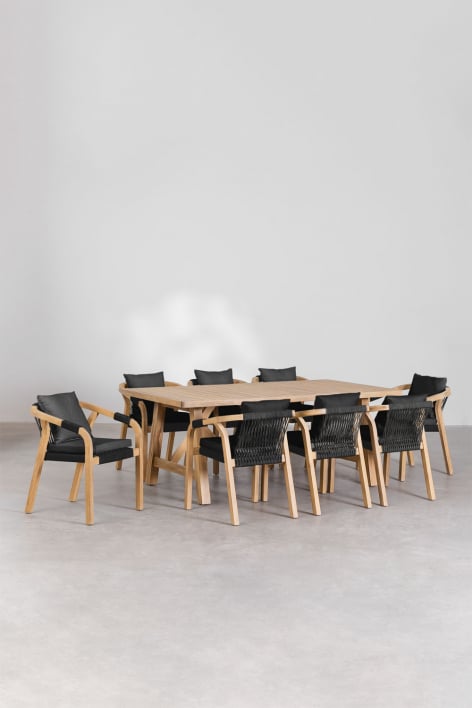 Rectangular dining set 200x100 cm rustic acacia with 8 acacia garden chairs Dubai - Acacia rustica marrone